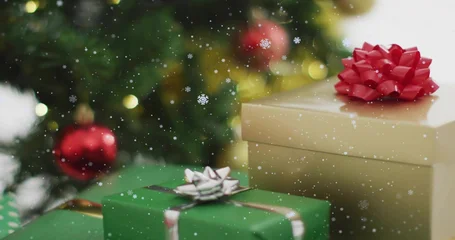 Fotobehang Vlees Displaying stack of wrapped gift boxes sitting on home table near decorated evergreen, with red bow  © vectorfusionart