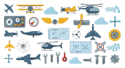 Diverse Collection of Aviation Icons and Mechanical Engineering Tools © Salsa