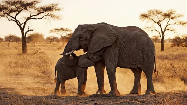 African elephant mother and calf savannah scene.
