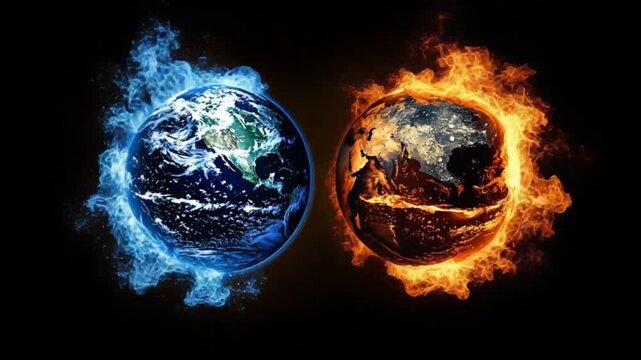 Two contrasting representations of Earth, one engulfed in flames, the other in a swirling blue, highlight the duality of nature's elements.