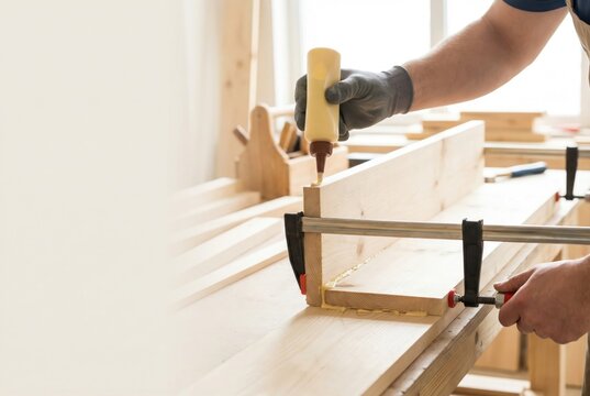 A carpenter in gloves applies wood glue from a bottle to a joint of a wooden plank held in a clamp in a workshop.