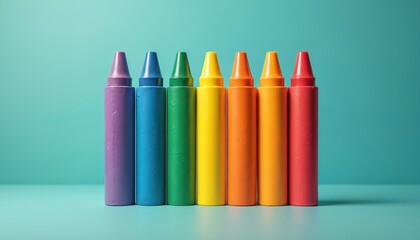 Row of colorful crayons arranged in rainbow order against a teal background. These art supplies are perfect for creative projects and educational use.