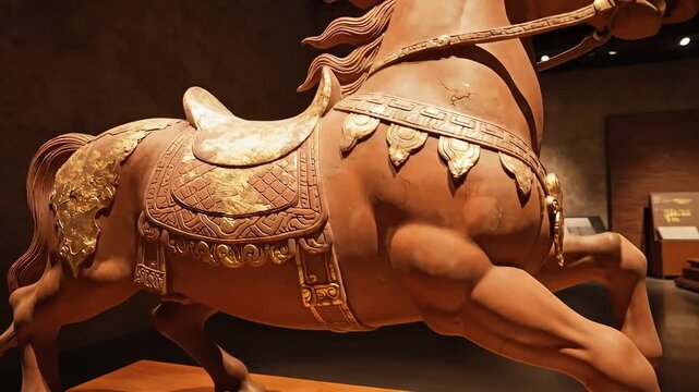 Intricate chocolate horse sculpture with golden accents displayed in a museum setting.