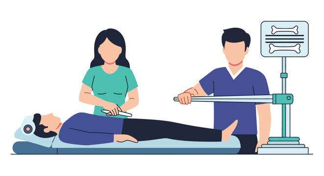 Medical Staff Performing Bone Density Scan (DEXA) on Patient. Radiology Examination for Osteoporosis and Skeletal Health. Vector Illustration.