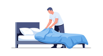 Obraz premium Man Making Bed with Blue Duvet.