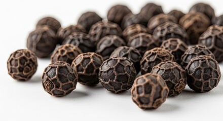 Close up of black peppercorns on white backdrop perfect for culinary imagery