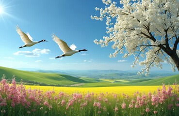 Fototapeta premium Two cranes fly over blooming field with yellow flowers and green hills. White blossoms on tree branch under blue sky. Spring landscape with wild birds.
