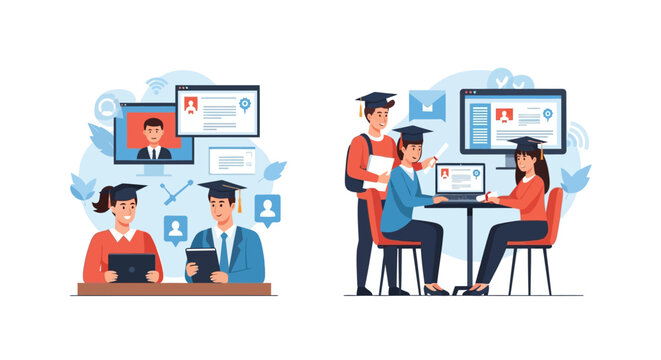 E-learning and Online Graduation Concept. University Students Completing Virtual Coursework and Receiving Diplomas via Digital Technology.