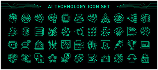 AIサイバーHUD風 線画アイコンセット｜人工知能・セキュリティ・未来テクノロジー