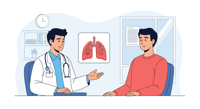 Doctor Discussing Lung Health with Patient. Respiratory Consultation, Pulmonary Diagnosis, and Medical Exam in Clinic Office. Flat Vector Illustration.