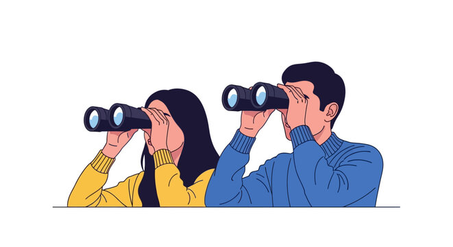 Man and Woman Couple Looking Through Binoculars, Searching for Future Opportunities and Success. Isolated Illustration.