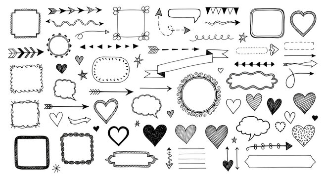 A versatile collection of hand-drawn doodle frames, borders, arrows, and hearts perfect for creative design projects and enhancing digital illustrations