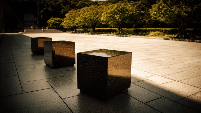 Identical polished granite cubes precisely aligned in an outdoor park setting with dappled sunlight
