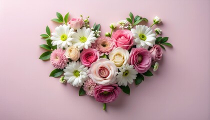 Floral Heart Arrangement with Roses and Daisies on Pink Backdrop
