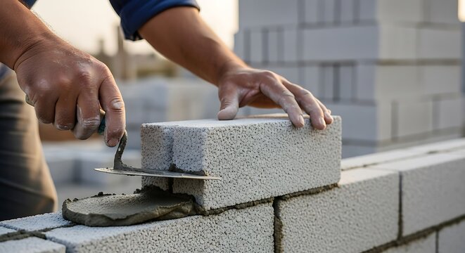 Builder constructing wall with lightweight concrete block and mortar tool