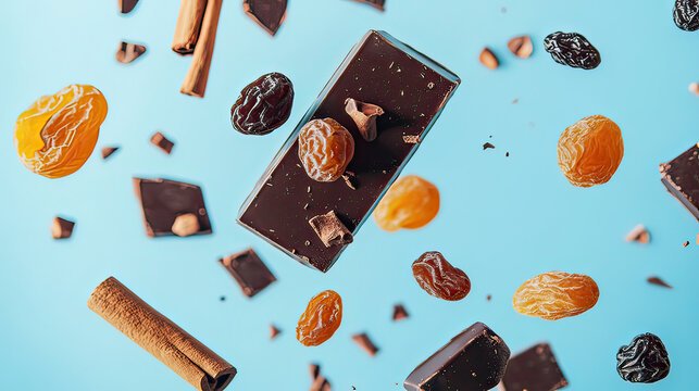 A delicious chocolate bar with nuts and dried fruits on a blue background
