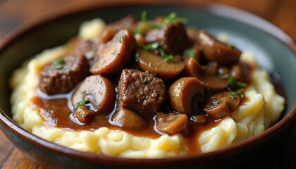 Tender beef tips with mushrooms and onions swim in rich gravy over creamy mashed potatoes. A hearty comfort food dish seasoned with fresh herbs, perfect for a winter meal.