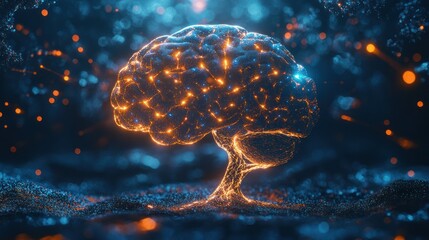 Glowing neural network brain depicting advanced artificial intelligence, cognitive process, and futuristic technology concept