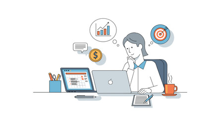 Woman Working on Laptop with Business Icons.