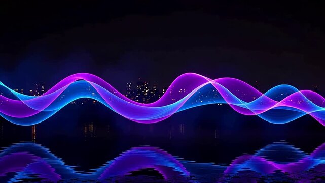 Vibrant neon waves undulate over a dark landscape viewed from a low angle