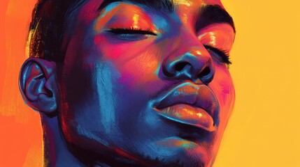 Vibrant digital painting of a young man with closed eyes, bathed in electric neon light, reflecting deep tranquility and spiritual introspection with a colorful glow