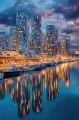 Obraz premium Modern waterfront city at dusk, lit skyscrapers reflect in calm water and moored boats
