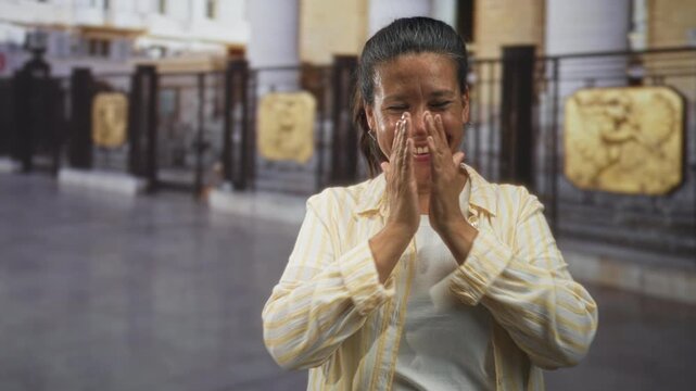 Woman with hands covering mouth smiling in a public building wearing striped yellow shirt and white tee, middle aged hispanic brunette; joy celebration.