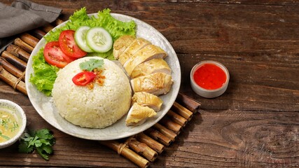 Hainanese chicken rice is a typical Chinese dish that is widely found in Singapore and Malaysia. Nasi hainan