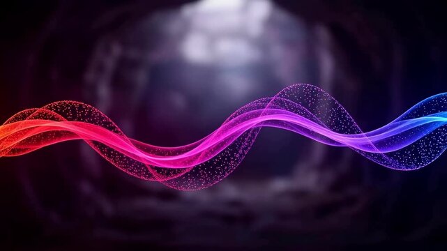 Vibrant wavy lines dance across a dark background, forming an abstract futuristic landscape with glowing neon colors and intricate patterns.