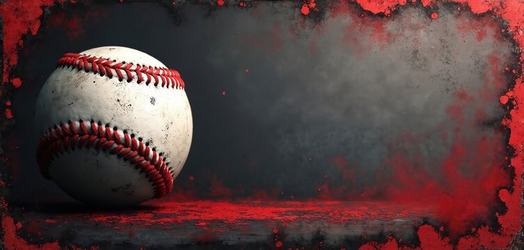 Old baseball rests on dark surface with red splatters. Ball has red stitching and visible wear. Background has grunge texture with red paint border. Space for text.