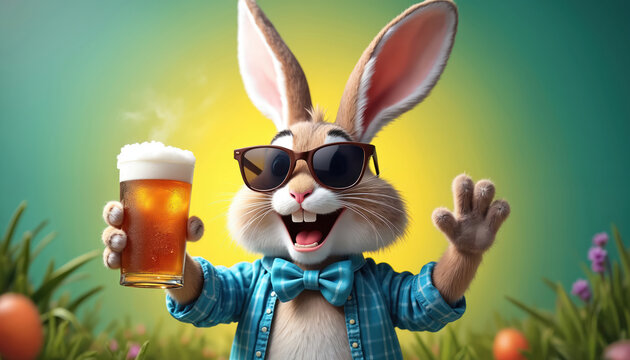 Festive bunny with sunglasses holds beer glass, celebrating Easter outdoors. Cheerful rabbit enjoys spring party with friends, wearing blue shirt, bow tie.