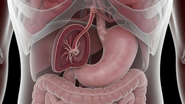 3D medical illustration showing the human spleen in cross-section with stomach and intestines in the abdominal cavity