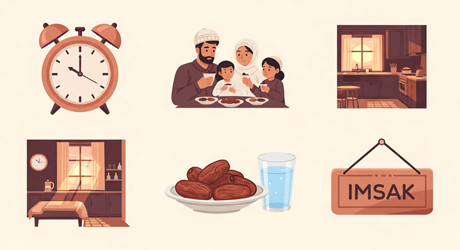 Ramadan Icons Imsak, Family Meal, Alarm Clock, Dates, and Kitchen Scene