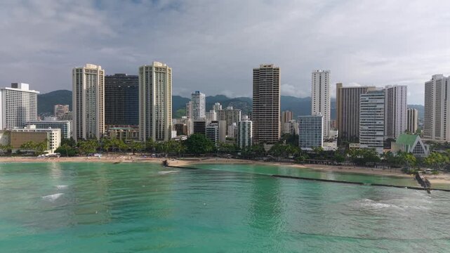 Waikiki Beach Hawaii Honolulu overview cityscape aerial drone