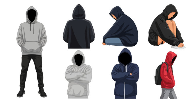 Illustration of various hooded figures showcasing different clothing styles and poses from multiple viewpoints