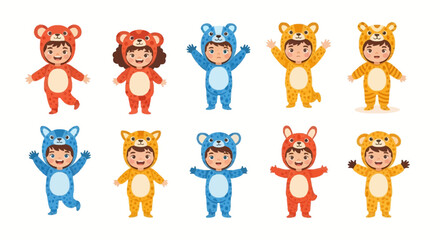 Fototapeta premium Children in colorful bear costumes posing together in a grid, illustrating playful childhood moments in a graphic illustration