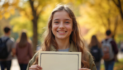 Fototapeta premium Smiling teen girl holds blank certificate outdoors with friends blurred in background. Autumn leaves, golden sunlight, signifying achievement and happy school graduation day.