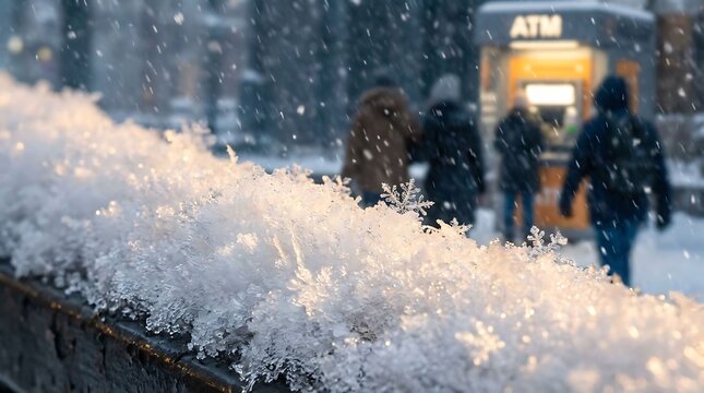 Snowflakes gently falling on a city street railing with people walking in the background near an ATM booth on a cold winter day