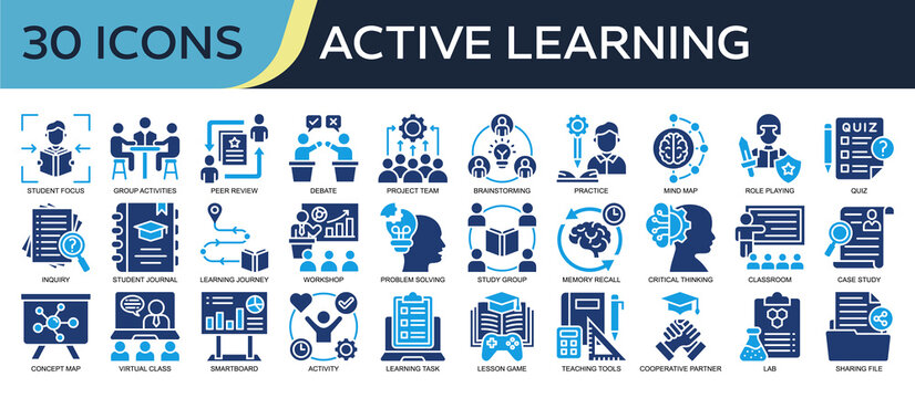 Collection of Active Learning icons, related to Student Focus, Brainstorming, Practice, Learning Journey, Virtual Class and more. Solid icons vector illustation.