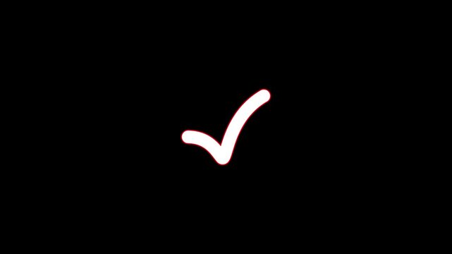 A white checkmark with a subtle red outline is centered on a black background, rendered in a smooth, slightly curved, hand-drawn style, suggesting a completed task or a positive affirmation with a