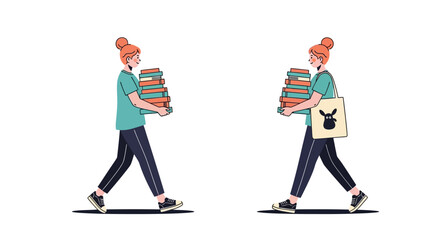 Fototapeta premium Delivery person walking with packages and bag, viewed from side, in a simple illustration style
