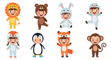 Children in various animal costumes posing playfully in a row, showcasing creativity and fun in a studio setting © Avra