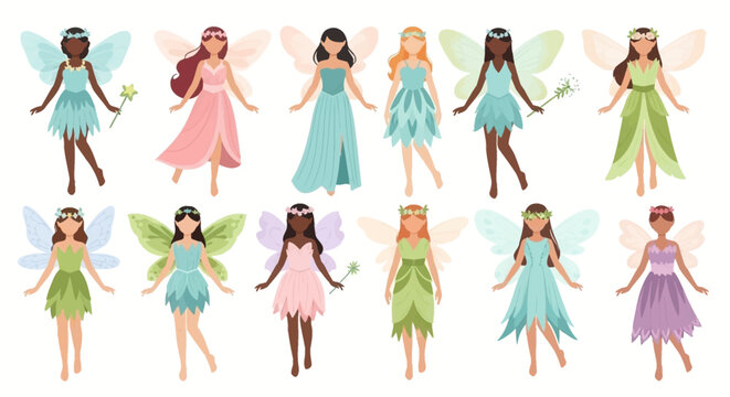 Diverse fairy maidens with delicate wings in various pastel dresses floating ethereally in a serene environment