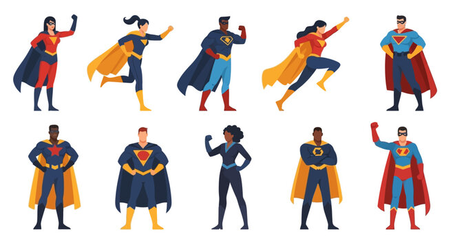Diverse Superheroes in Dynamic Poses, Showcasing Strength and Courage, Vector Illustrations, Modern Style