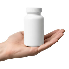 A hand holding a white pill bottle with a white cap. isolated on transparent background