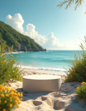 Round podium on sandy beach by blue ocean. Green hills, yellow flowers, clear sky. Product display backdrop for summer ads marketing promotion.