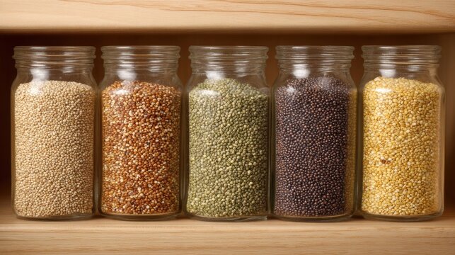 Three glass jars filled with assorted ancient grains including amaranth and freekeh displayed on a wooden shelf