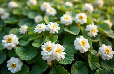 Obraz premium White begonia flowers bloom on green leafy ground cover. Small delicate petals with yellow centers create a natural carpet. Plants grow densely in sunlight during summer season.