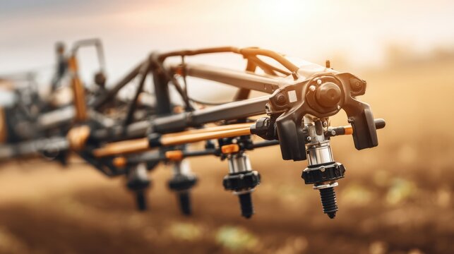 Close-up of an agricultural sprayer boom arm with multiple nozzles operating in a sunlit field during golden hour, representing modern farming technology.