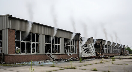 Damaged industrial building emits smoke after explosion, showcasing destruction and devastation in a postapocalyptic setting, conveying a sense of loss and despair.